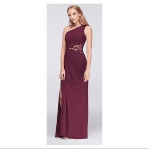 David’s Bridal Wine mesh with lace maxi dress
